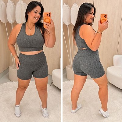Conjunto Fit Short Cinza Plus Size