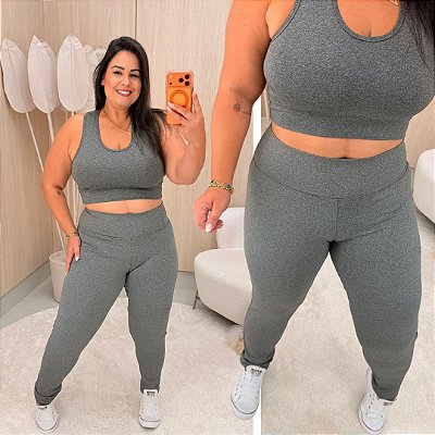 Conjunto Fit Legging Cinza Plus Size