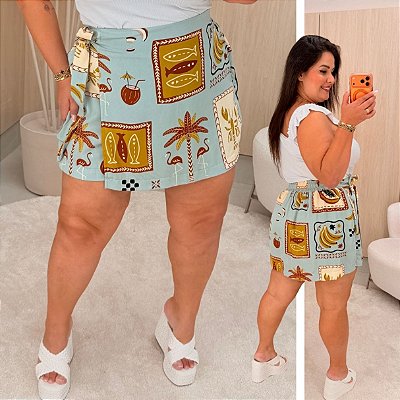 Short Saia Kate Azul Claro Estampado Plus Size