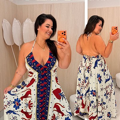 Vestido Lenço Adrieli Branco e Azul Plus Size