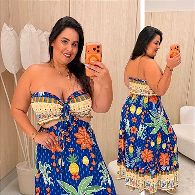 Vestido Longo Laura Azul Estampado Plus Size