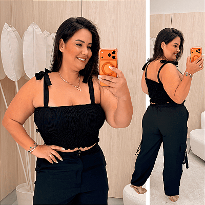 Cropped Elastex Alça Preto Plus Size