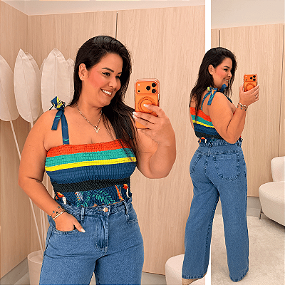 Cropped Elastex Alça Listra Azul e Verde Plus Size