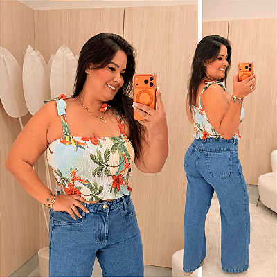 Cropped Elastex Alça Estampado Branco e Verde Coqueiros Plus Size