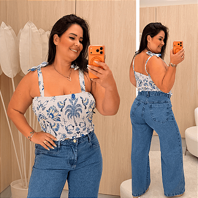 Cropped Elastex Alça Estampado Branco Azul Plus Size