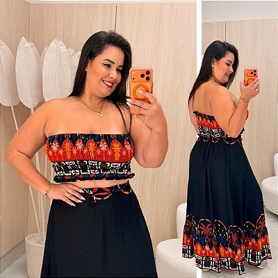 Vestido Multi Formas Estampado Laranja e Vermelho Plus Size