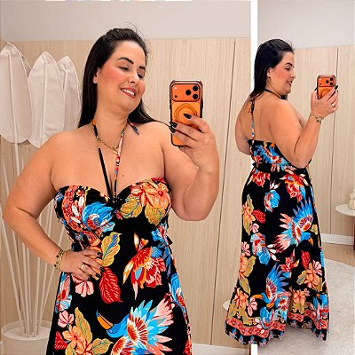 Vestido Multi Formas Preto Floral Plus Size