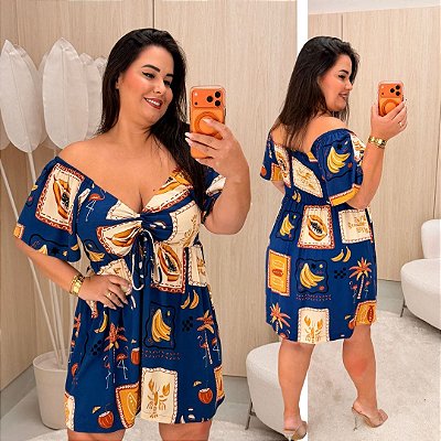 Vestido Vip Lara Azul Marinho Estampado Plus Size