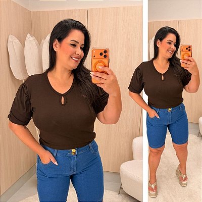 Blusa Gotinha Manga Diana Marrom Plus Size