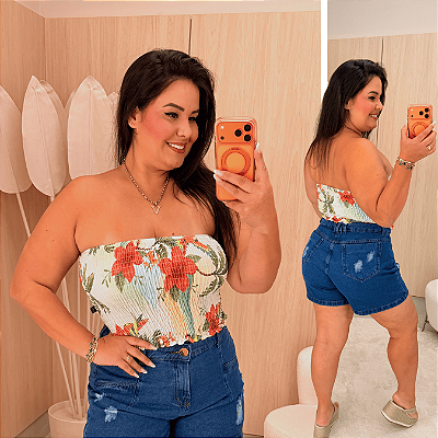 Cropped Tomara que Caia Elastex Flores Laranja Plus Size
