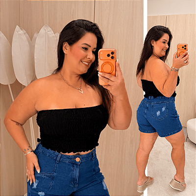 Cropped Tomara que Caia Elastex Preto Plus Size
