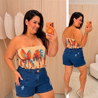 Cropped Tomara que Caia Elastex Bege Plus Size