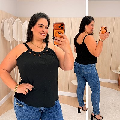 Blusa Alça Duna Trançada Jaque Preta Plus Size