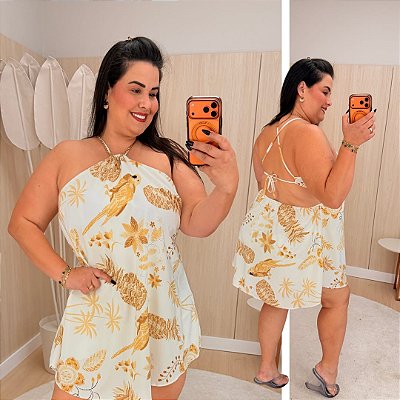Macaquinho Ema Estampado Branco e Dourado Plus Size