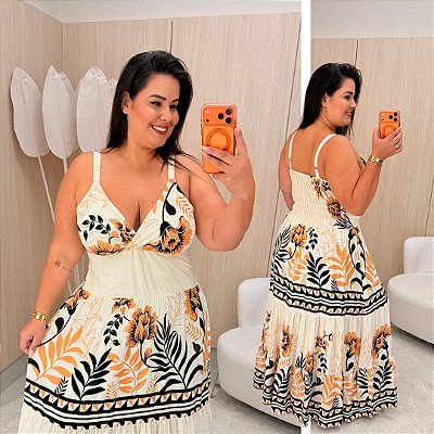 Vestido Alça Farm Bege Estampado Plus Size
