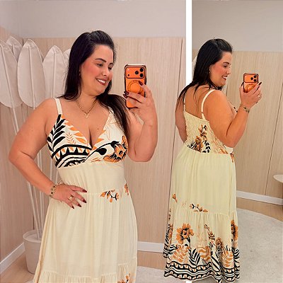 Vestido Alça Farm Bege Estampado Plus Size