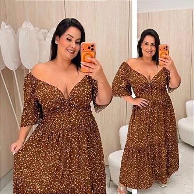 Vestido Manga Liz Marrom Floral Plus Size