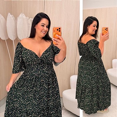 Vestido Manga Liz Preto Floral Plus Size