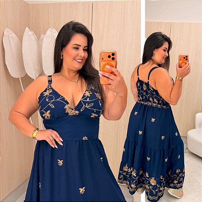 Vestido Alça Farm Bordado Azul Escuro Flor Plus Size