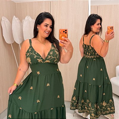 Vestido Alça Farm Bordado Verde Flor Plus Size