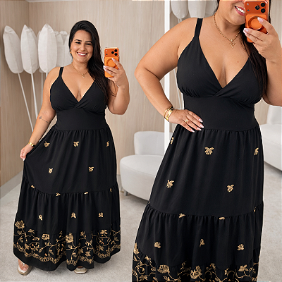 Vestido Alça Farm Bordado Preto Flor Plus Size