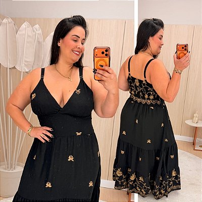 Vestido Alça Farm Bordado Preto Flor Plus Size