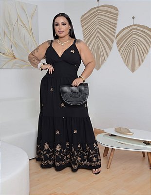 Vestido Alça Farm Bordado Preto Flor Plus Size