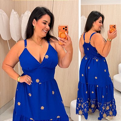 Vestido Alça Farm Bordado Azul Royal Flor Plus Size