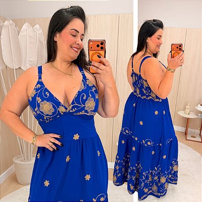 Vestido Alça Farm Bordado Azul Royal Flor Plus Size