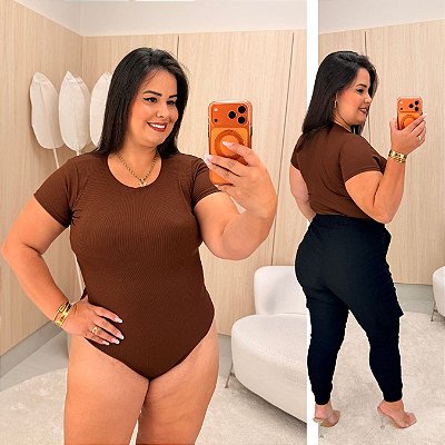 Body Ribana Manga Marrom Plus Size