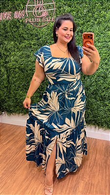 Conjunto Saia Mali Azul Petróleo Estampado Plus Size