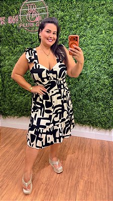 Vestido Curto Mali Estampado Preto e Branco Plus Size