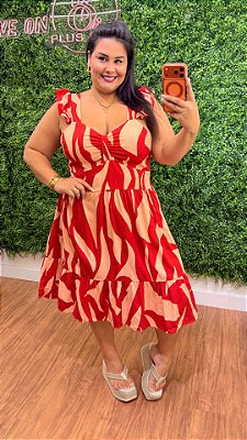 Vestido Curto Mali Estampado Terra Cota e Bege Plus Size