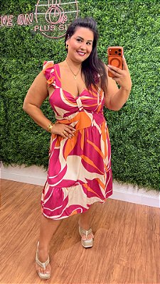 Vestido Curto Mali Rosa e Laranja Plus Size