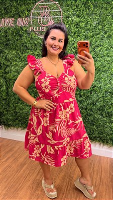 Vestido Curto Mali Rosa Escuro Estampado Plus Size