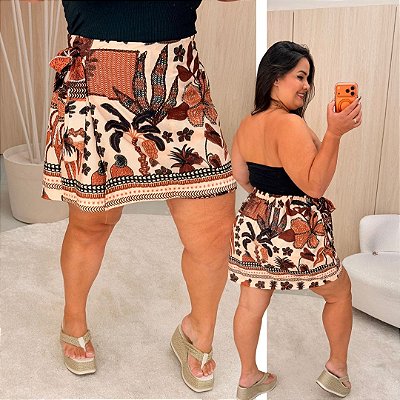 Short Saia Carla Estampado Marrom Plus Size