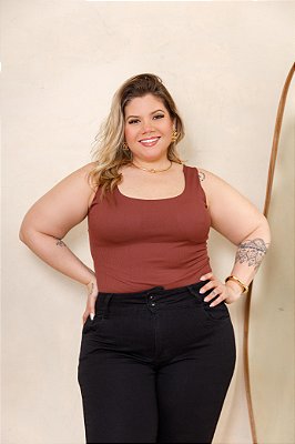 Body Alça Ribana Cruzado Marrom Plus Size
