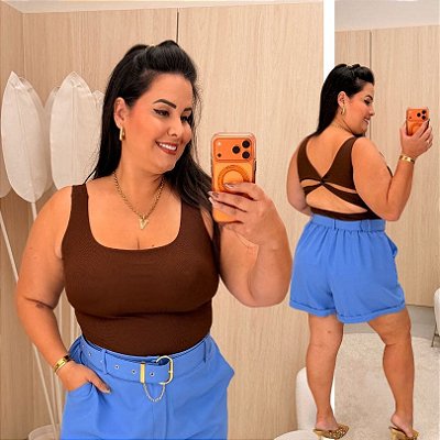 Body Alça Ribana Cruzado Marrom Plus Size