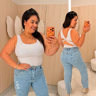 Body Alça Ribana Cruzado Branco Plus Size