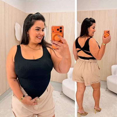 Body Alça Ribana Cruzado Preto Plus Size