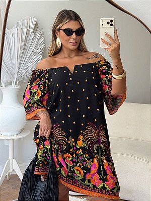 Vestido Giovana Estampado Preto e Amarelo Plus Size