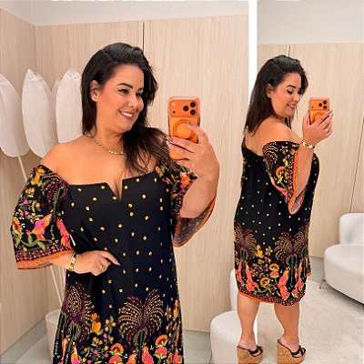 Vestido Giovana Estampado Preto e Amarelo Plus Size