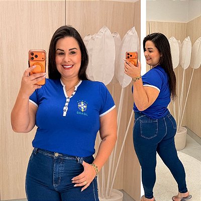 T shirt Brasil Botão Azul Plus Size