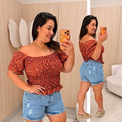 Cropped Manga Elastex Terra Cota Floral Plus Size