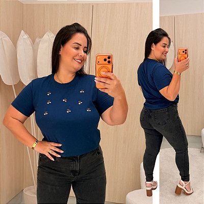 T shirt Bordada Coração Luiza Azul Plus Size