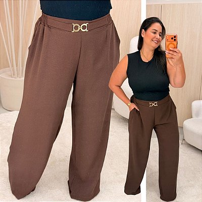 Calça Pantalona Cinto Vip Marrom Plus Size