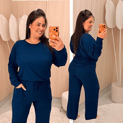 Conjunto Moletinho Grazi Azul Marinho Plus Size