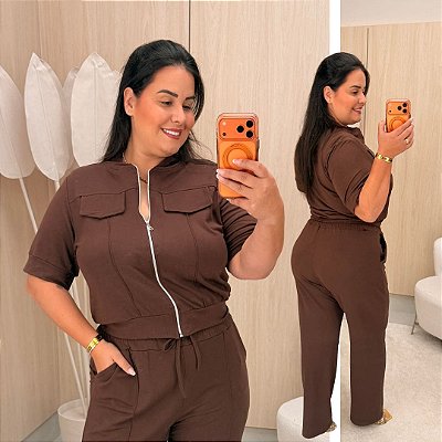 Conjunto Alice Moletinho Ziper Marrom Plus Size
