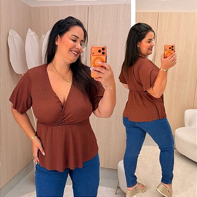 Blusa Canelada Thais Marrom Plus Size
