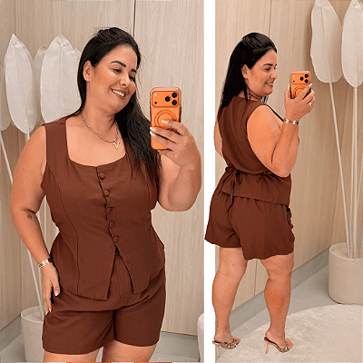 Conjunto Botão Larissa Marrom Plus Size
